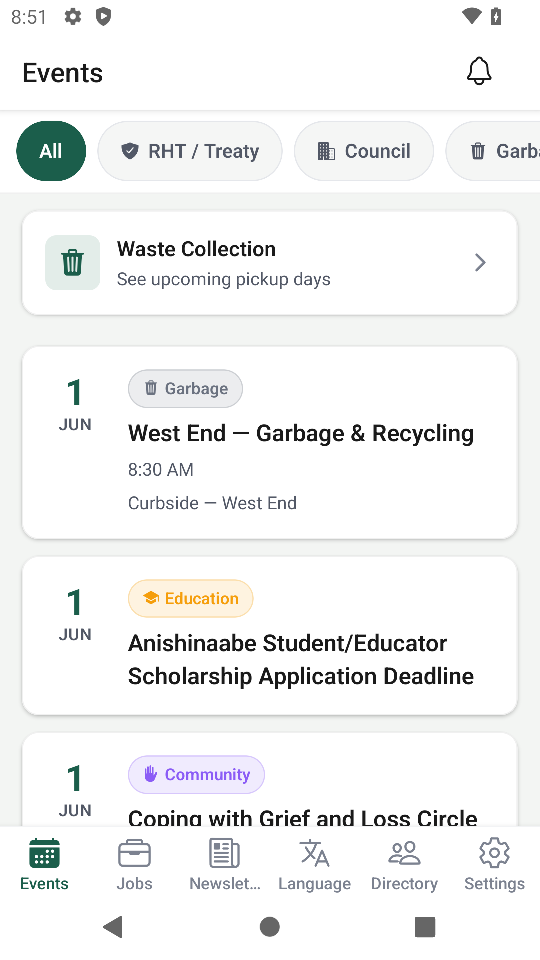 Home screen showing community events and news